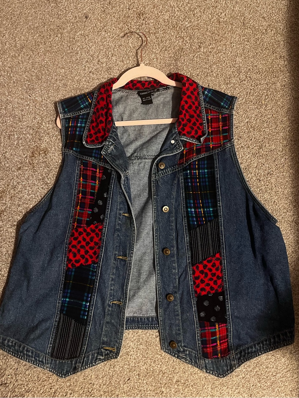 Vintage Carole Little Red Paisley-Trim Denim Vest